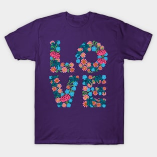 FLOWERED LOVE Valentines Floral Lettering Flowers Blue Square - UnBlink Studio by Jackie Tahara T-Shirt